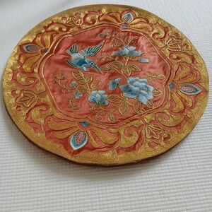 Hand-Embroidered Round Silk Trinket Pouch - Coral, Gold & Blue